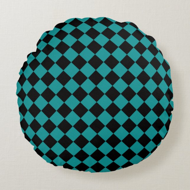 Teal Black Chequered Diamond Pattern Round Cushion (Front)