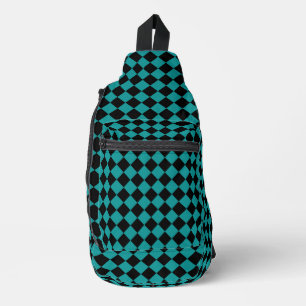 Teal Black Chequered Diamond Pattern Sling Bag