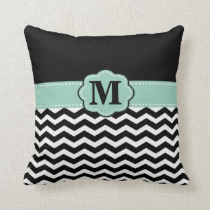 Teal Black Chevron Monogram Pillow