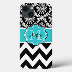 Teal Black Damask Chevron Monogram iPhone 13 Case