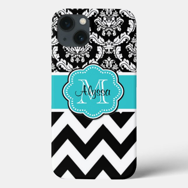 Teal Black Damask Chevron Monogram Case-Mate iPhone Case (Back)
