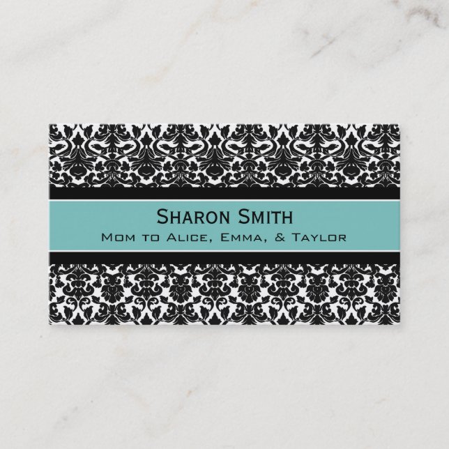 Teal Black Damask Retro Mum Calling Cards (Front)