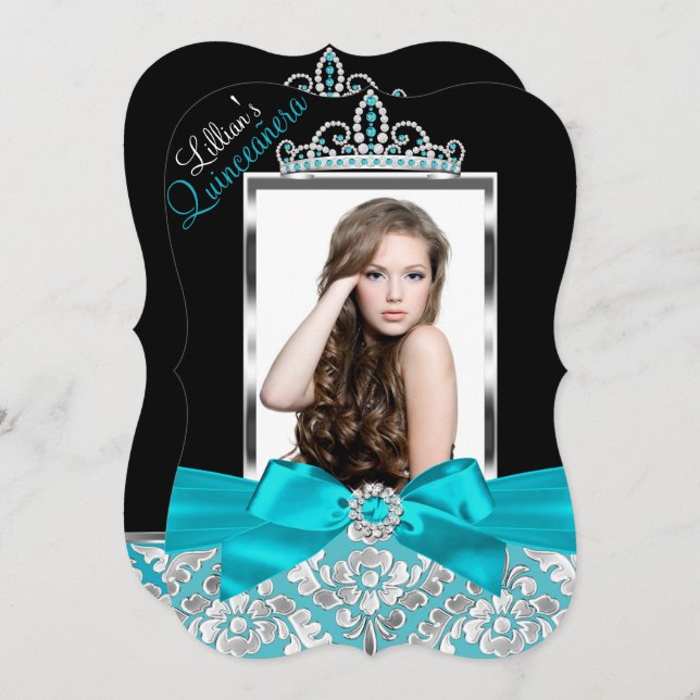 Teal Black Damask & Tiara Photo Quinceanera Invite (Front/Back)
