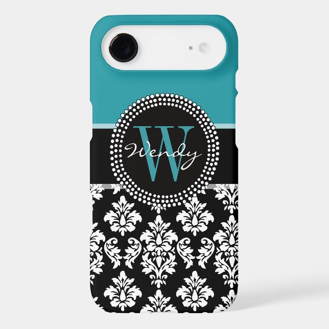 Teal, Black Damask Your Initial, Your Name Case-Mate iPhone Case (Back)