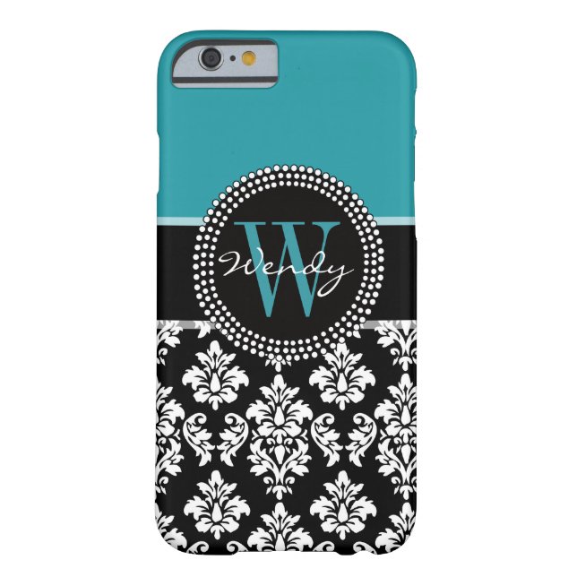 Teal, Black Damask Your Initial, Your Name Case-Mate iPhone Case (Back)