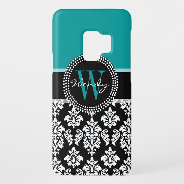Teal, Black Damask Your Initial, Your Name Case-Mate Samsung Galaxy Case (Back)