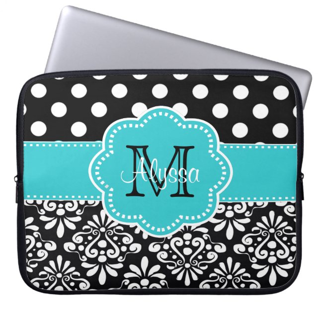 Teal Black Dots Damask Personalised Computer Case (Front)
