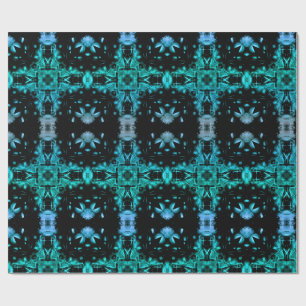 Teal & Black Electric Fractal Kaleidoscope Pattern Wrapping Paper