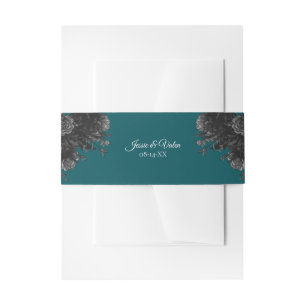 Teal Black Elegant Floral Wedding Invitation Belly Band