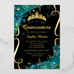 Teal Black Floral Butterfly Elegant Quinceanera 