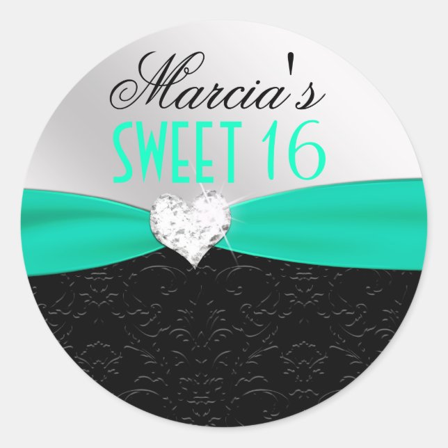 Teal Black Floral Damask Diamond Heart Seal (Front)