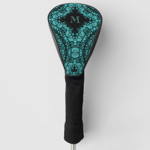 Teal Black Floral Mandala Monogram Golf Head Cover