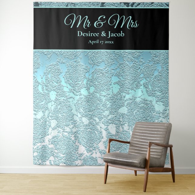 Teal Black Floral Photo Booth Wedding Backdrop Tapestry (In Situ)