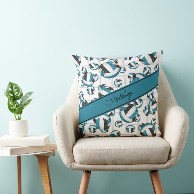 Teal black girly volleyballs pattern net accent cushion (Chair)