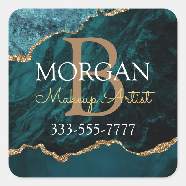 Teal Black Gold Agate DIY Name Monogram Occupation Square Sticker (Front)