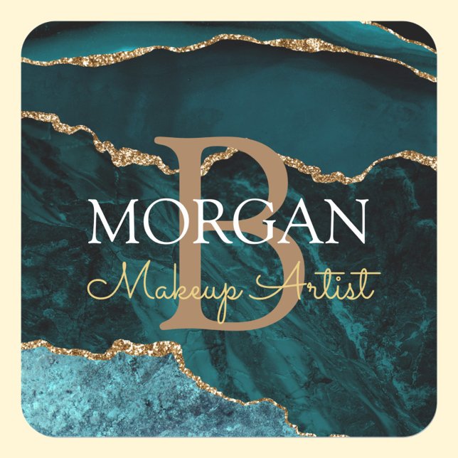 Teal Black Gold Agate DIY Name Monogram Occupation Square Sticker (Creator Uploaded)