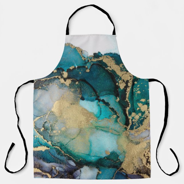 Teal Black Gold Alcohol Ink Fluid Artabstract,art, Apron (Front)