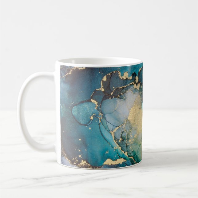 Teal Black Gold Alcohol Ink Fluid Artabstract,art, Coffee Mug (Left)