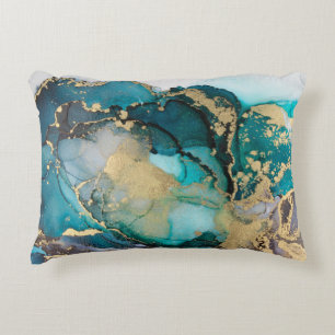 Teal Black Gold Alcohol Ink Fluid Artabstract,art, Decorative Cushion