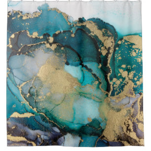 Teal Black Gold Alcohol Ink Fluid Artabstract,art, Shower Curtain