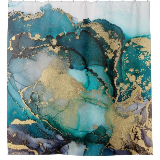Teal Black Gold Alcohol Ink Fluid Artabstract,art, Shower Curtain (Front)