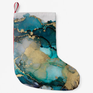 Teal Black Gold Alcohol Ink Fluid Artabstract,art, Small Christmas Stocking