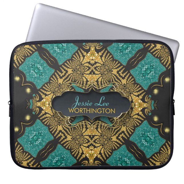 Teal & Black Gold Arabesque Tribal Laptop Sleeve (Front)