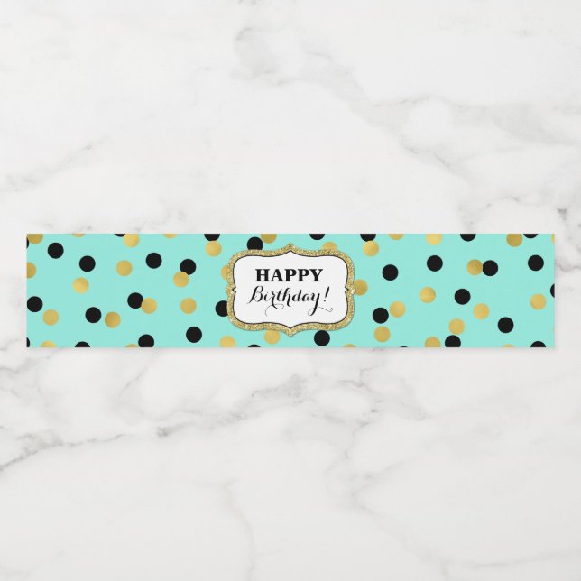 Teal Black Gold Confetti Happy Birthday! Water Bottle Label (Single Label)
