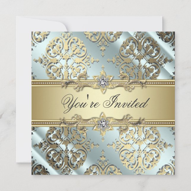 Teal Black Gold Damask Party Invitation (Front)