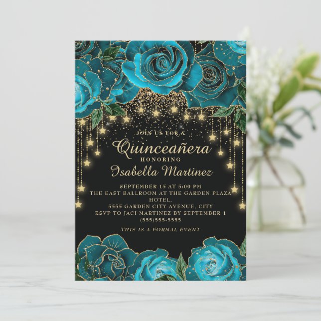 Teal Black Gold String Light Star Quinceañera   Invitation (Standing Front)