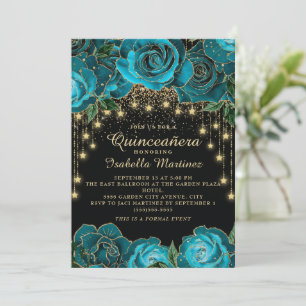Teal Black Gold String Light Star Quinceañera Invitation