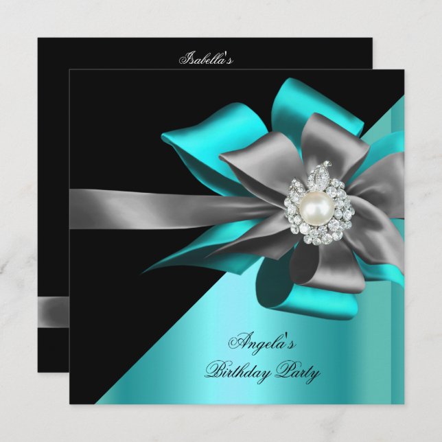 Teal Black Grey Silver Bow Pearl Birthday Party Invitation (Front/Back)
