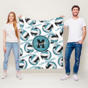 teal black I love volleyball text pattern Fleece Blanket
