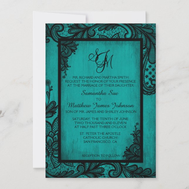 Teal Black Lace Gothic Wedding Invitation Card (Front)
