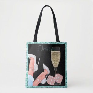 Teal & Black Lady Gambler Pink Glitter Diamonds Tote Bag
