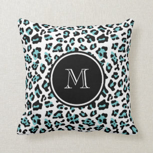Teal Black Leopard Animal Print with Monogram Cushion
