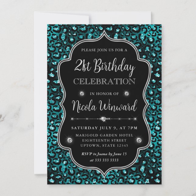 Teal & Black Leopard Spots Glitter Frame Birthday Invitation (Front)