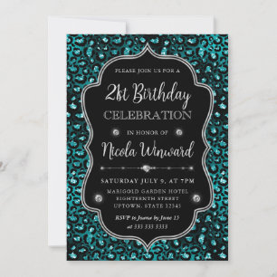 Teal & Black Leopard Spots Glitter Frame Birthday Invitation