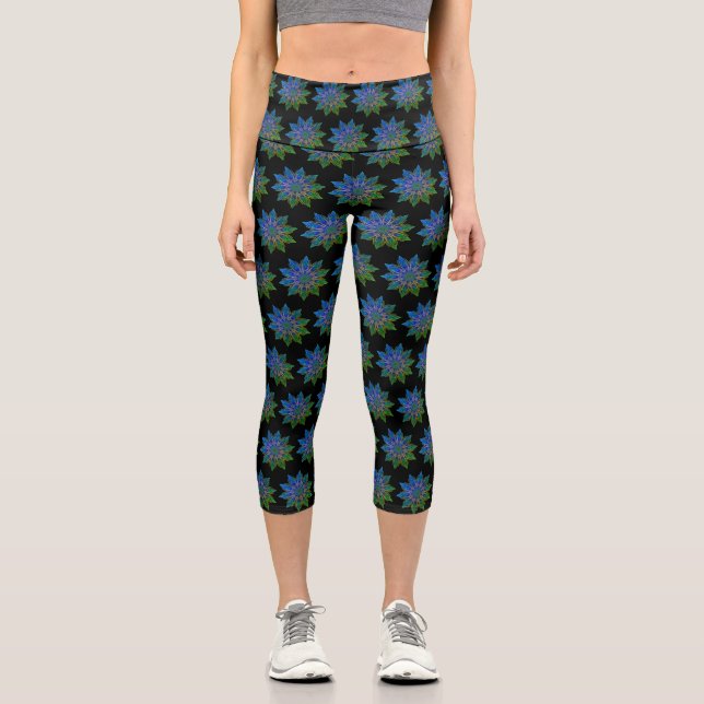 Teal & Black Lotus Mandala Capri Leggings (Front)