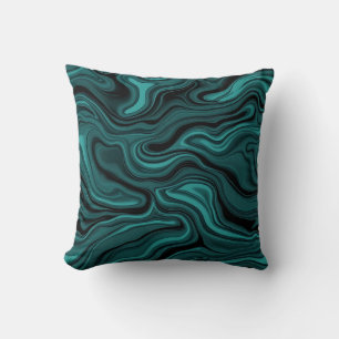 Teal Black Marble Swirl Abstract Liquid Wave Cushion