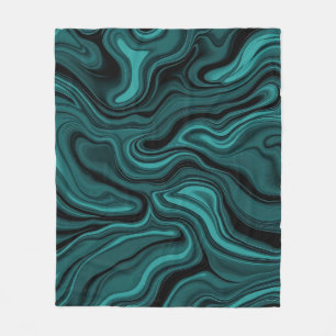 Teal Black Marble Swirl Abstract Liquid Wave Fleece Blanket
