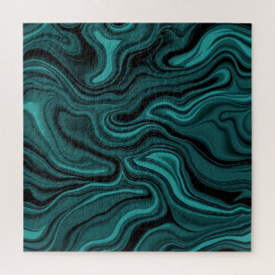 Teal Black Marble Swirl Abstract Liquid Wave Jigsaw Puzzle