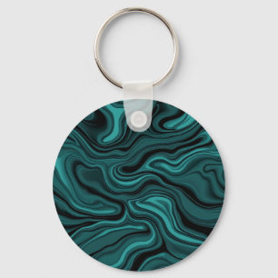 Teal Black Marble Swirl Abstract Liquid Wave Key Ring