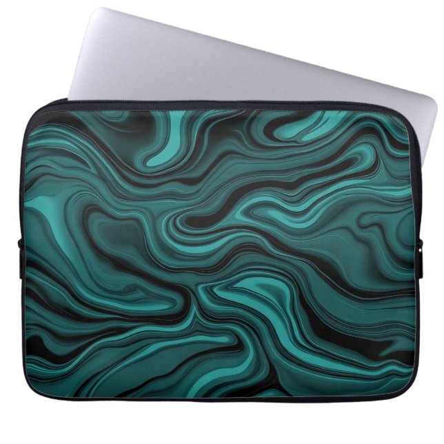 Teal Black Marble Swirl Abstract Liquid Wave  Laptop Sleeve (Front)