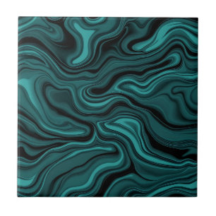 Teal Black Marble Swirl Abstract Liquid Wave Tile