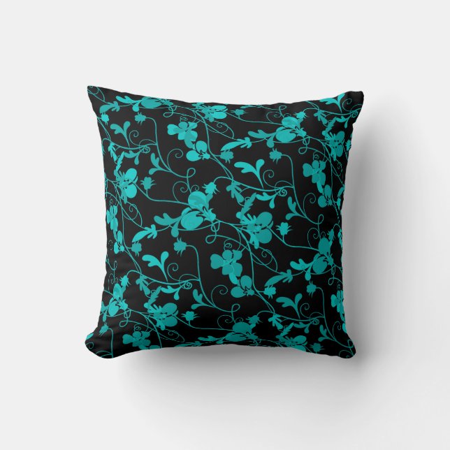 Teal & Black Modern Floral Flourish Pattern Cushion (Front)