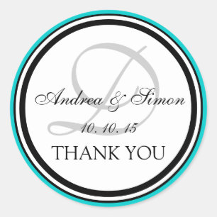 Teal Black Monogram D Wedding Thank You Classic Round Sticker