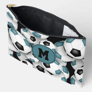 teal black monogrammed soccer balls pattern accessory pouch