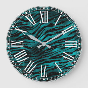 Teal & Black Ombre Glam Glitter Tiger Stripes Large Clock