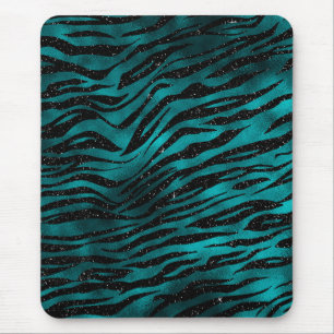 Teal & Black Ombre Glam Glitter Tiger Stripes Mouse Pad